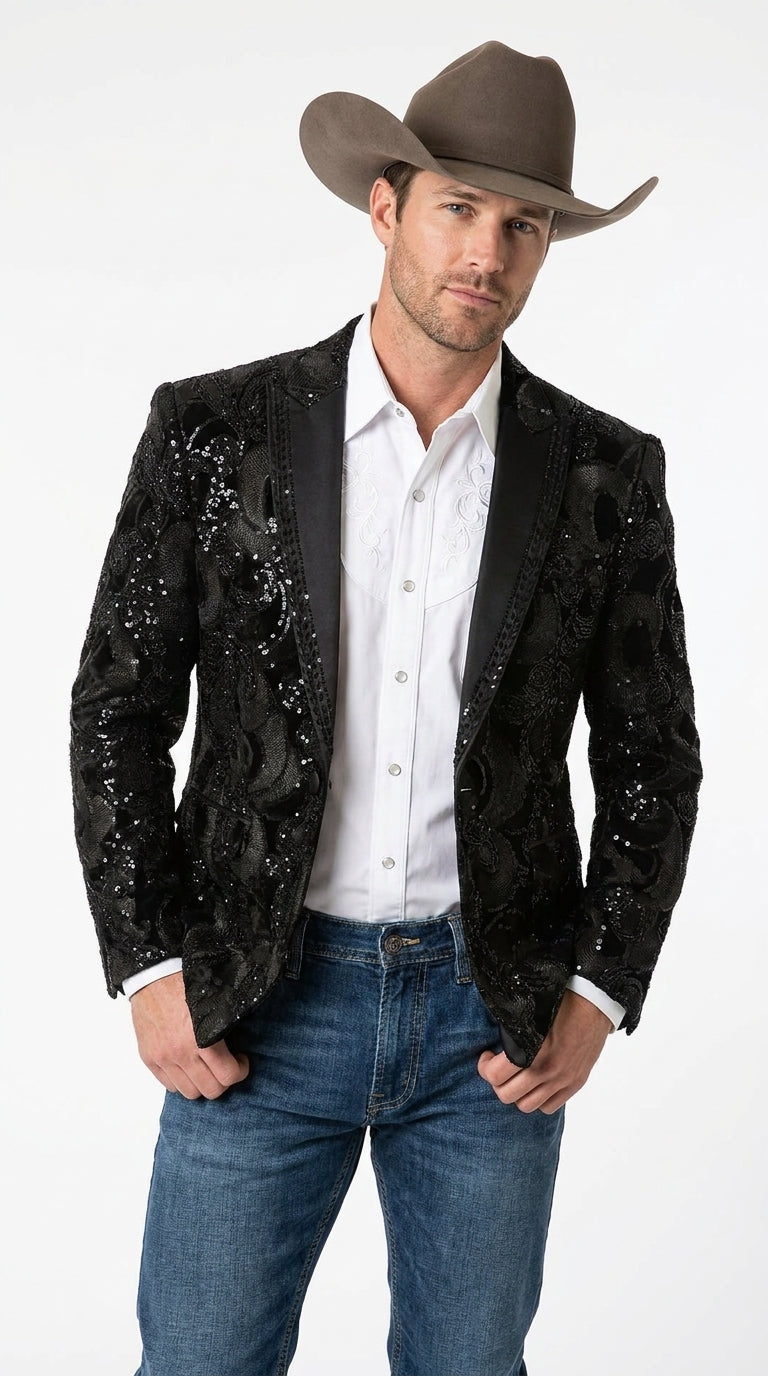 36 Men's Black Sequin Western Blazer – Embroidered Cowboy Tuxedo