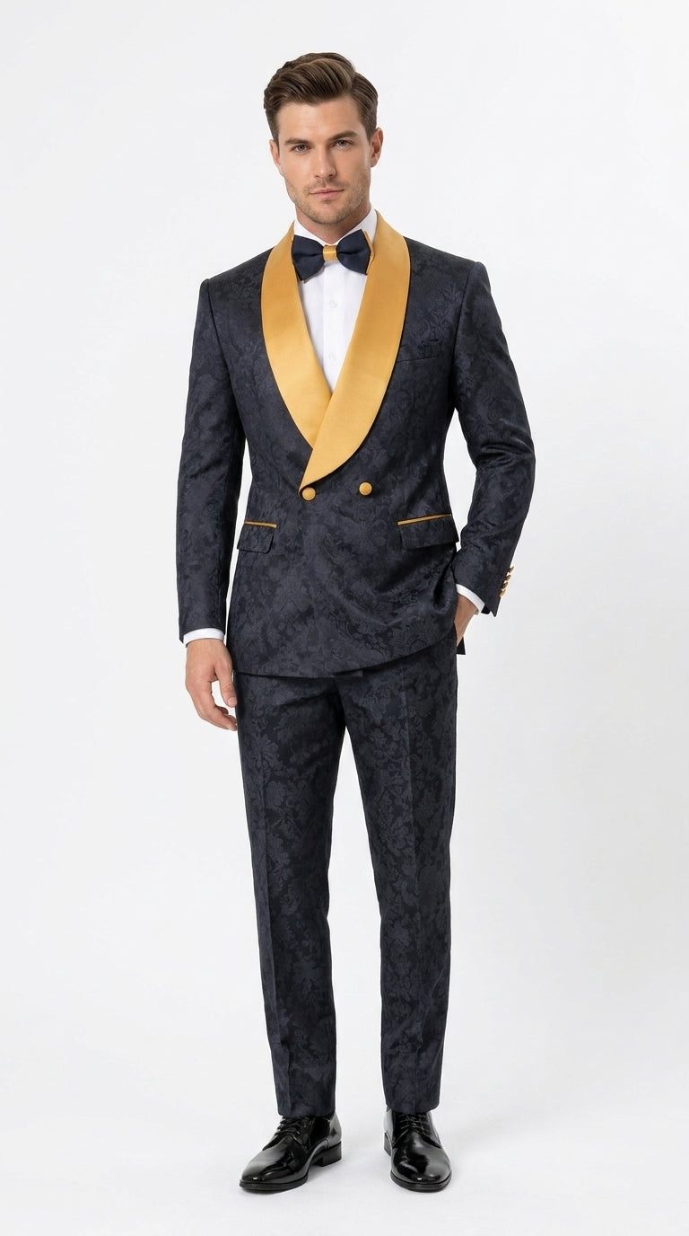 Men’s Black and Gold Hollywood Tuxedo – Double-Breasted Shawl Lapel Prom, Wedding and Formal Suit Black and Gold / 36 Regular Jacket+30 Waist