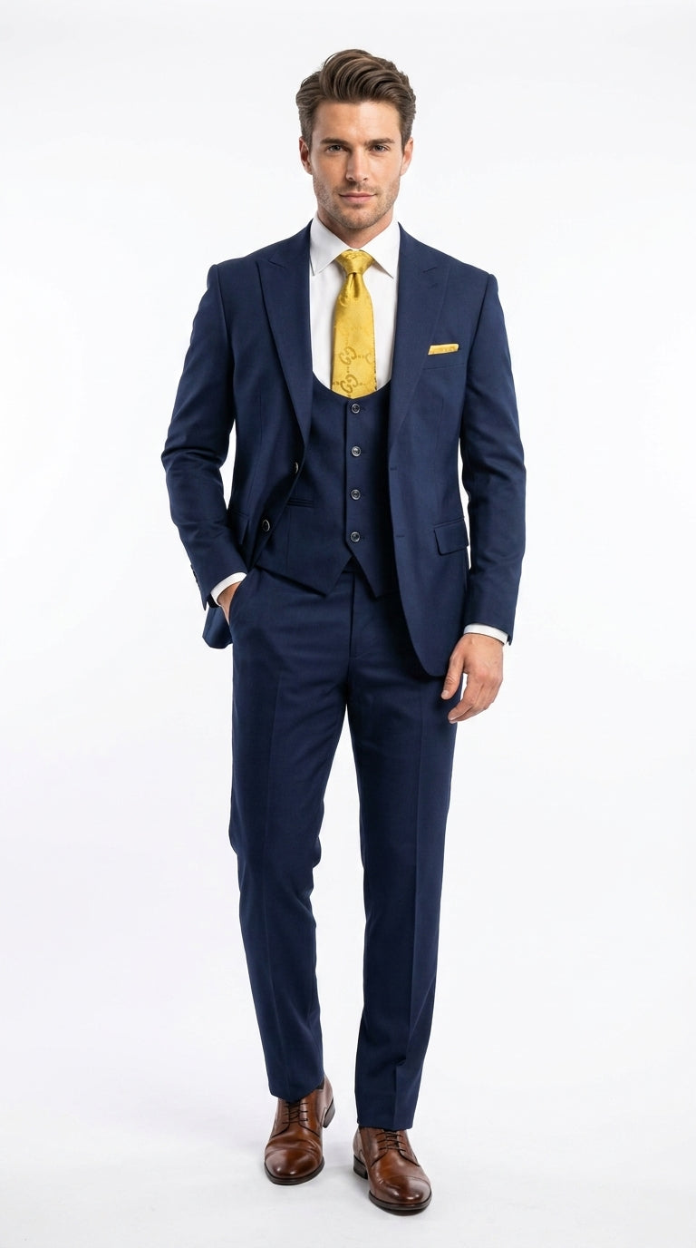 42 Mens Vitali 3 Piece Suit W/Scoop Vest Navy Blue 3-Piece Suit – Big Peak Lapel Vest and Pants Two Buttons Modern Fit