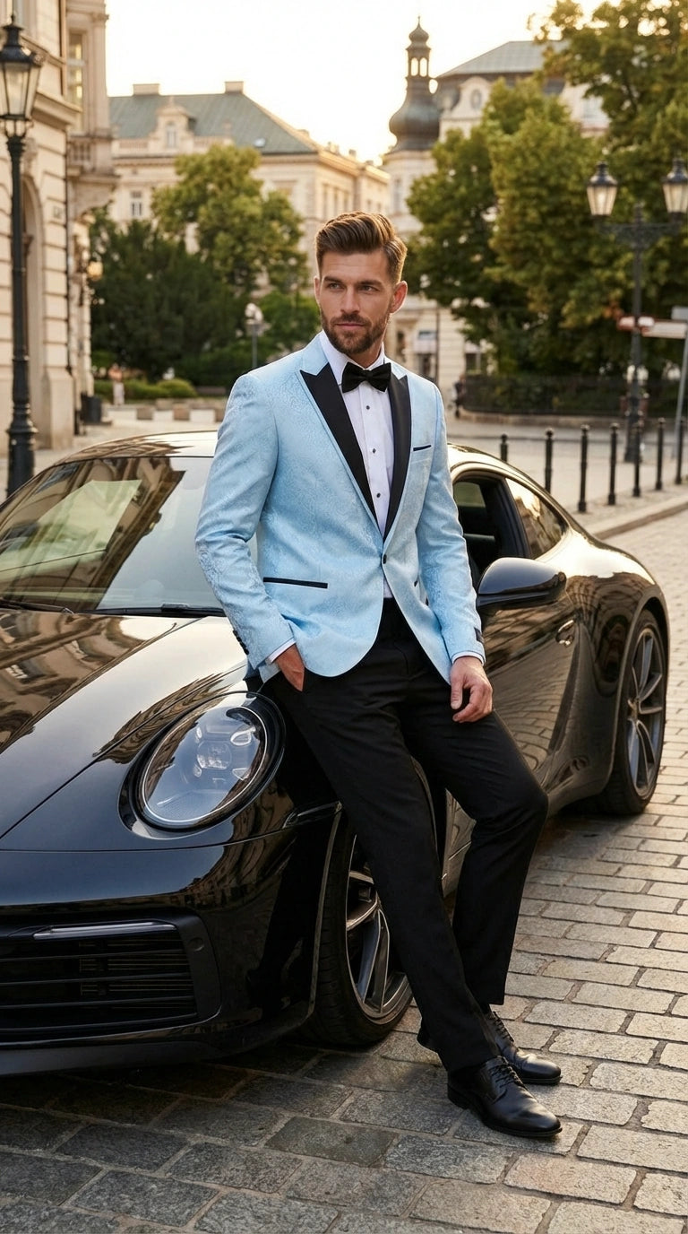 Men’s Baby Blue Tuxedo Blazer with Black Lapel – Formal Dinner Jacket for Wedding, Prom and Evening Events in Sky Light Blue Color