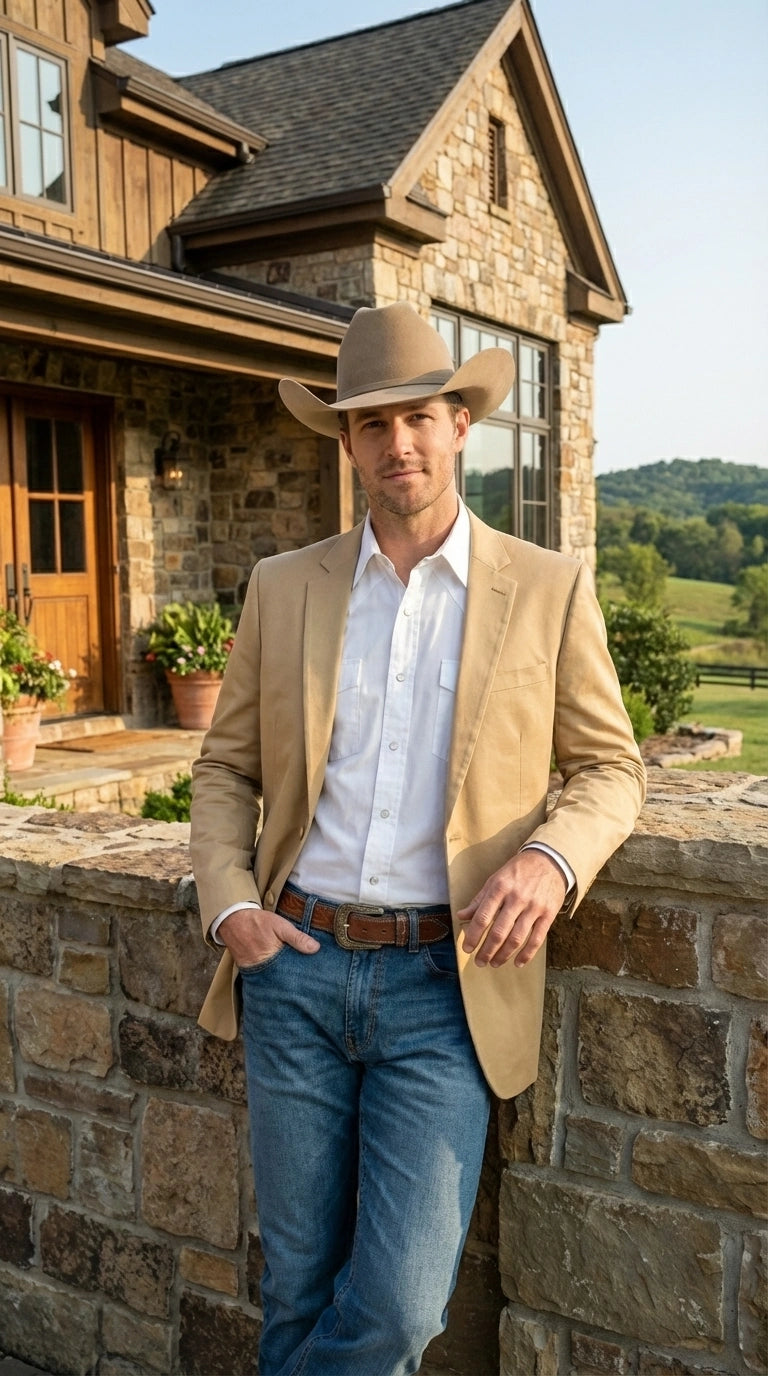 Men’s Tan Camel British Khaki Western Blazer – Two Button Classic Casual Sport Coat