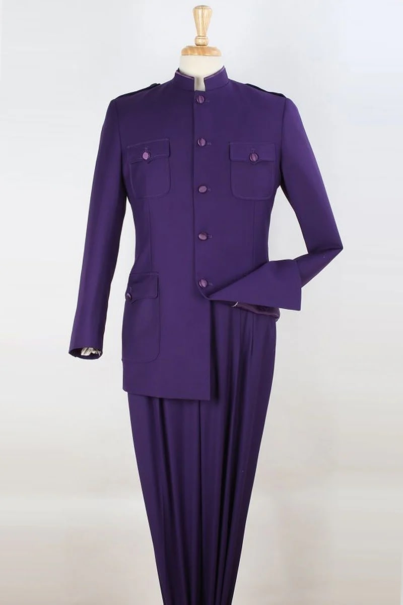 Mens Purple Safari Suit – Military Look with Five-Button Mandarin Jacket Modern Fit