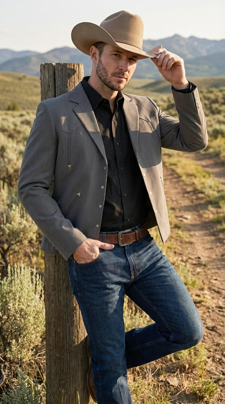 Mens Charcoal Gray Western Blazer – Cowboy Style Casual Jacket Classic Country Western Sport Coat