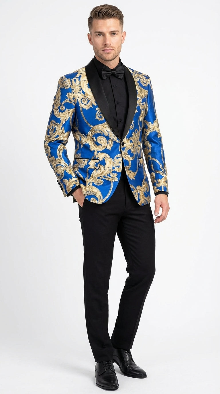 formal dress men jacket Men's Royal Blue and Gold Blazer – Luxury Floral Pattern Tuxedo Blazer, Party Wedding Dinner Jacket, Stylish Evening Elegant Wear 36 Takeaway Style