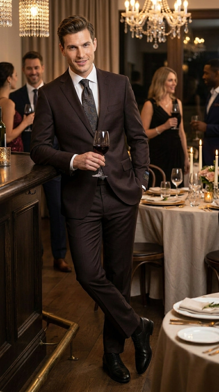Men’s Tiglio Italian Brown Suit with Two Button Blazer and Matching Pants, Formal Business Wedding Suit