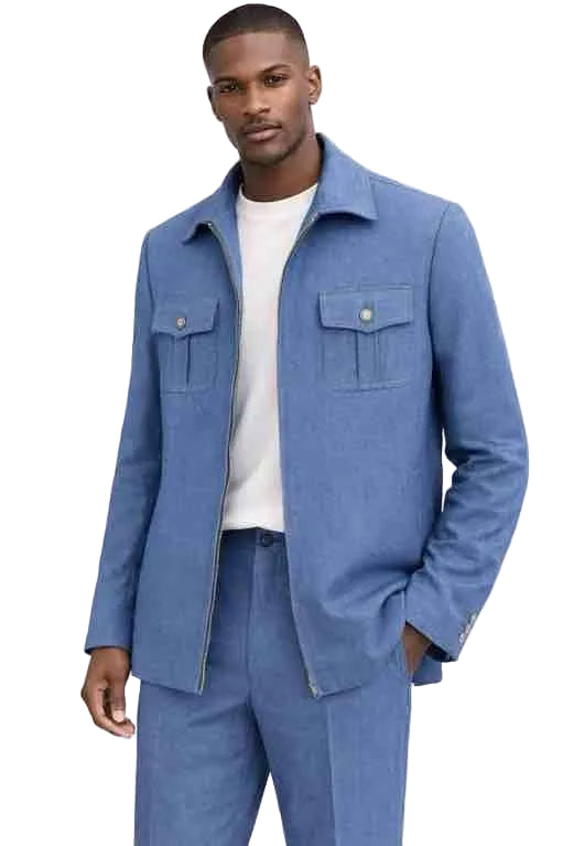 Mens Light Blue Casual Suit Set – Modern Zip Jacket with Flap Pockets and Matching Pants Modern Fit