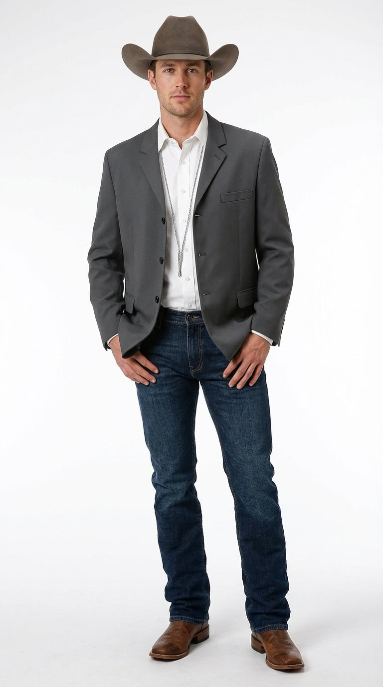 western formal dress mens Men's Charcoal Grey Three Buttons Blazer – Classic Fit Cowboy Style Button Jacket Gray 34 Short allowing adjustments to fit