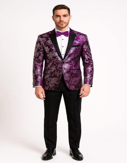 Men's Pinkish ~ Purple Paisley Tuxedo Jacket with Black Satin Lapel – Formal Prom and Wedding Blazer in Meganta Color