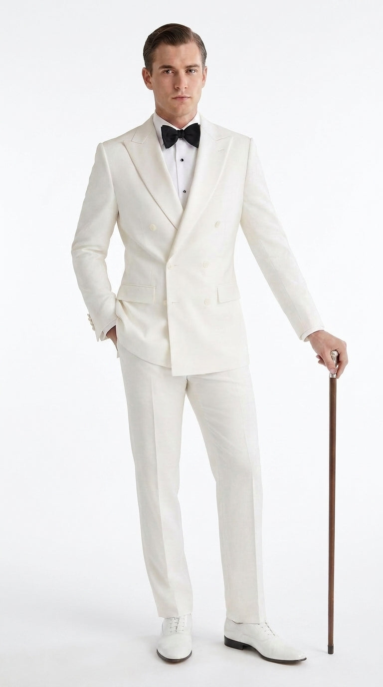 ivory wedding dress white tux shirt Men’s Double-Breasted Tuxedo – Vintage Wedding, Prom and Black-Tie Formal Suit off cream Ivory / 36 Short DRESSES-UNDER-80
