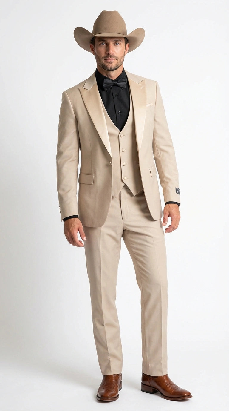 western semi formal dress for male Men’s Tan Cowboy Suit – Two Piece Suit Wedding, Champaign Sand Color Tan / 44 Long Jacket+38 Waist Adjust 34 to 40)(Height:6-6.4