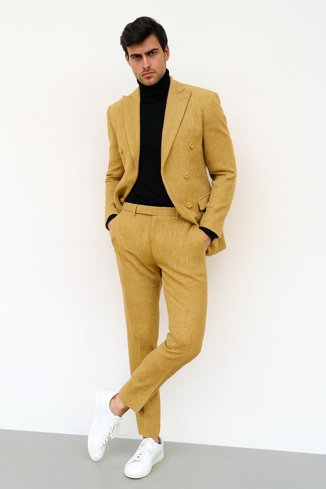 Men’s Gold Double Breasted Suit – Classic 1920s Camel Color Formal Slim Fit Suit