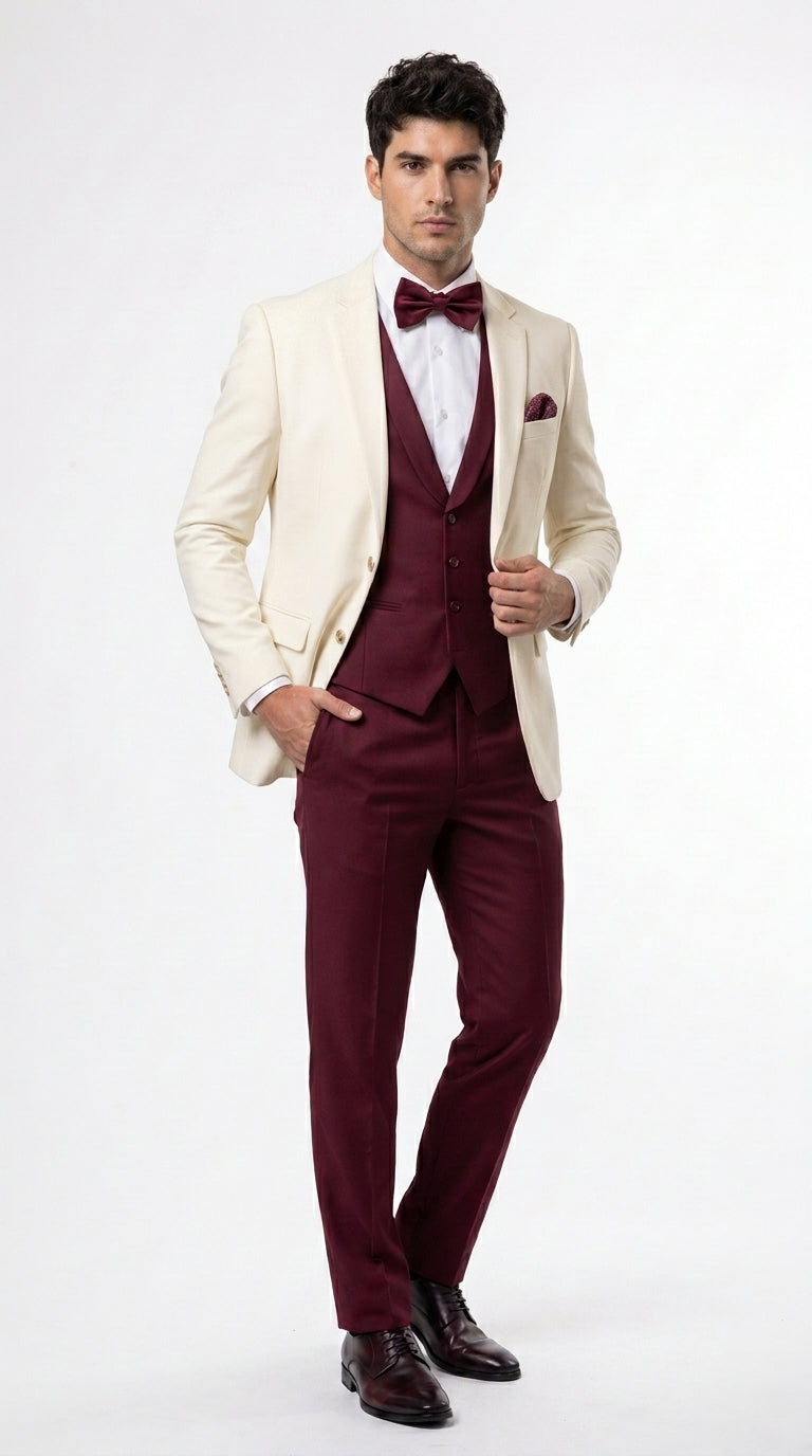 44 Men's Cream Ivory and Burgundy 3 Piece Tuxedo Suit, Vested Formal Wedding Prom Dinner Suit in Cream Off White Color