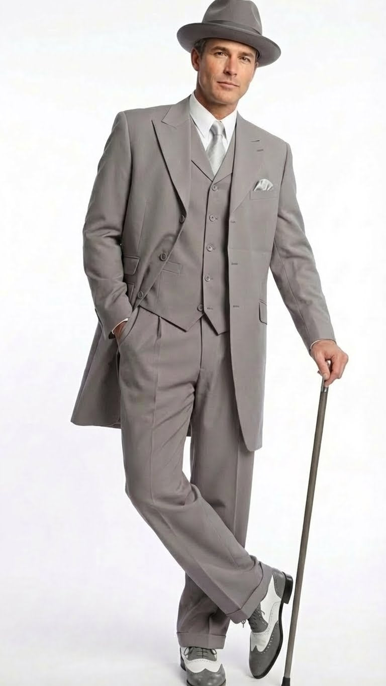 Select Men's Gray Zoot Suit with Matching Hat and 1920s Shoes