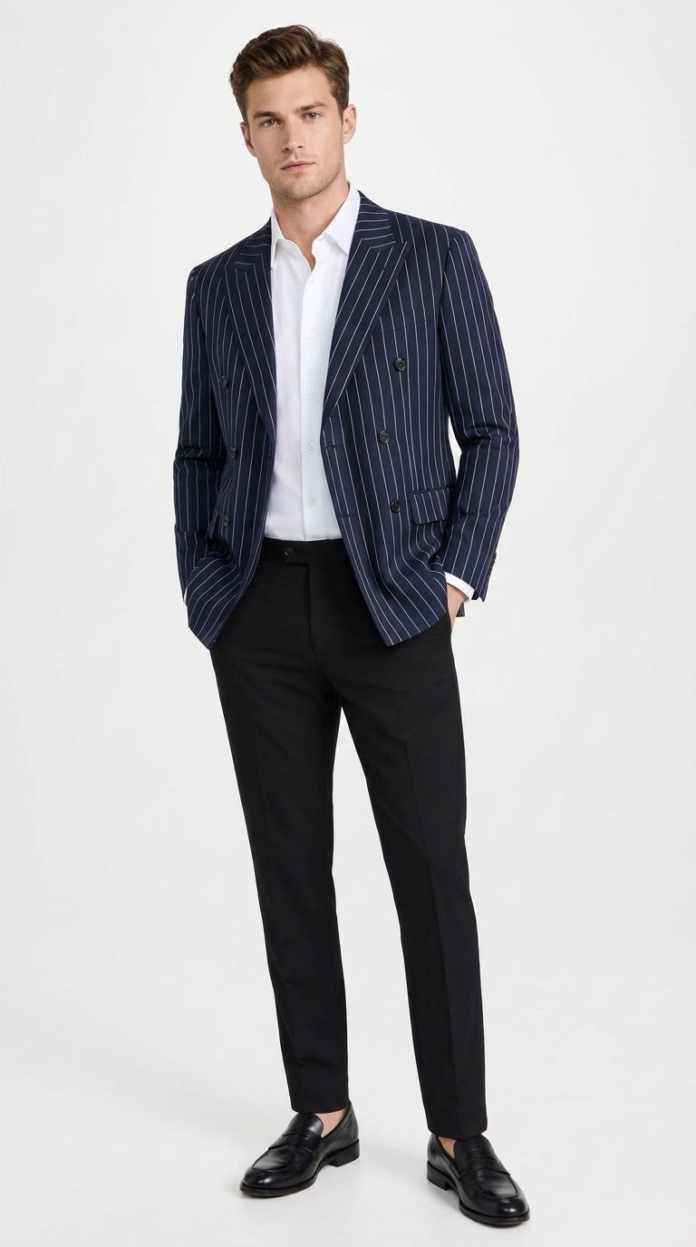 Mens Navy Blue Pinstripe Double Breasted Blazer Sport Coat – Classic Formal Business Jacket for Party and Smart Casual Wear Navy Blue / 42 Regular
