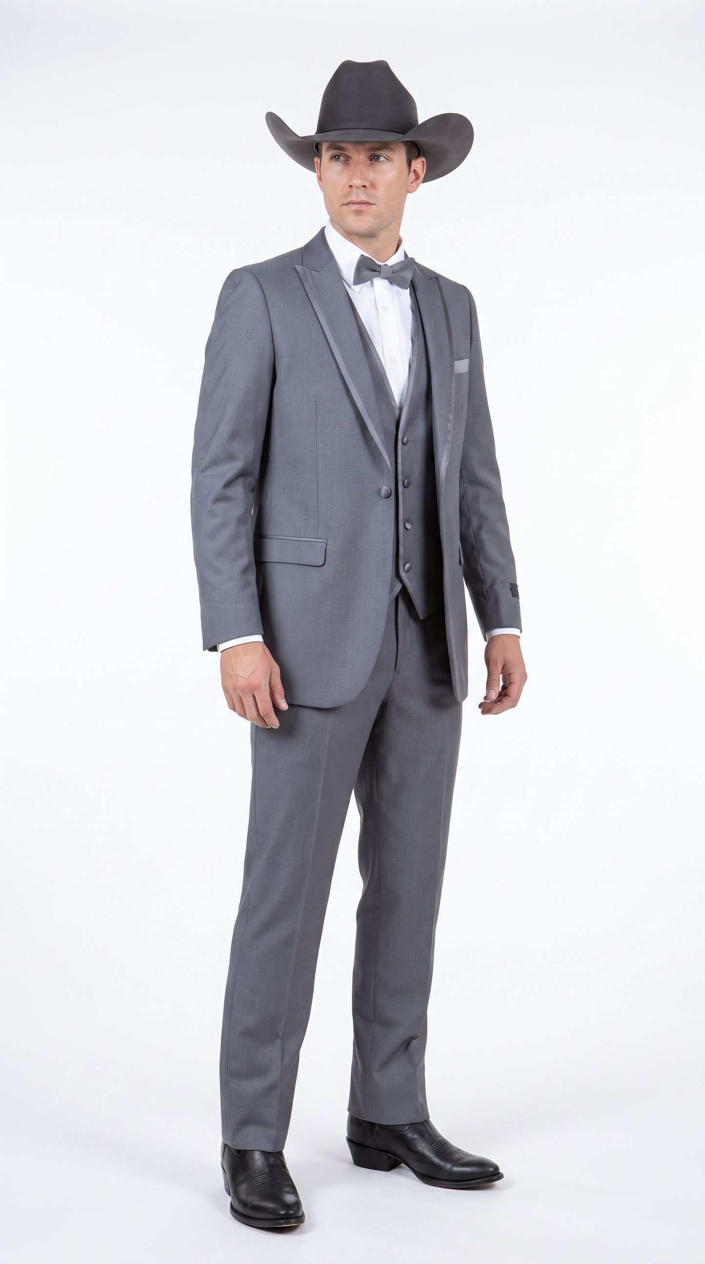Men's Medium Grey Western 3-Piece Tuxedo Suit with Vest – Cowboy Style Formal Country Outfit