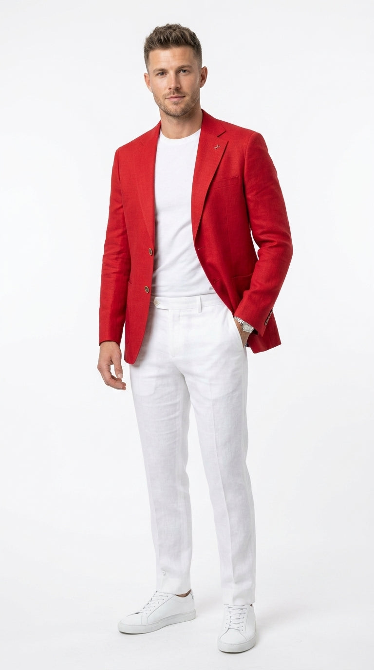 Men’s Red Linen Blazer, Lightweight Business Casual Wedding Sport Coat Jacket Red / 38 Regular
