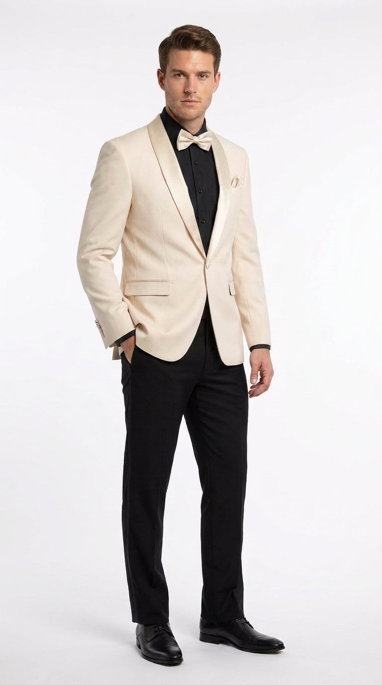 Men’s Champagne Tuxedo Dinner Jacket with Black Pants – Shawl Lapel Wedding, Prom and Formal Blazer Champagne / 42 Regular Jacket+36 Waist Pants