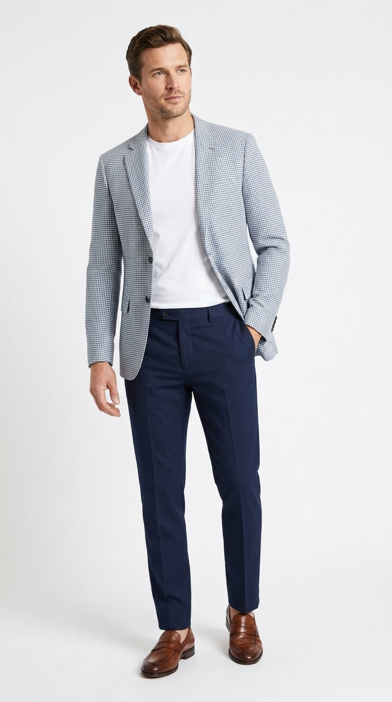 42 Men's Light Blue Checkered Sport Coat – Two-Button Wedding, Business and Smart Casual Blazer
