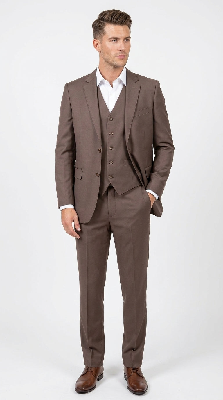 34 Men's Zagarie Brand Light Brown Mocha 3-Piece Wool Suit – Modern Wedding, Business and Formal Suit with Pick Stitching Modern Fit
