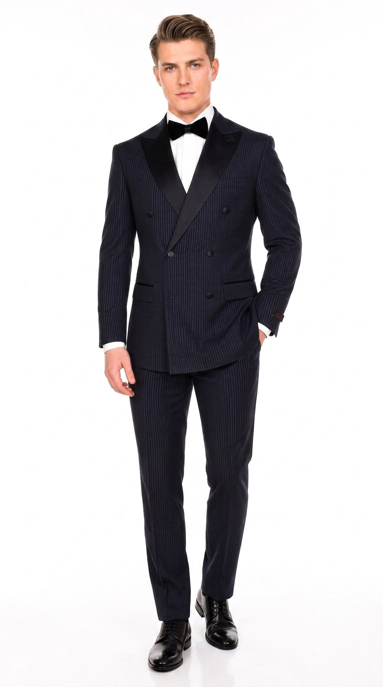 navy blue prom dress and grey tux Men's Double-breasted Tuxedo – Tone-on-tone Shadow Pinstripe Formal Wedding 2026 Suit 34 Short or Extra Small winter cocktail