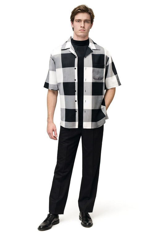 Mens Black and White Checkered Short Sleeve Shirt Set – Casual Two-Piece Summer Outfit