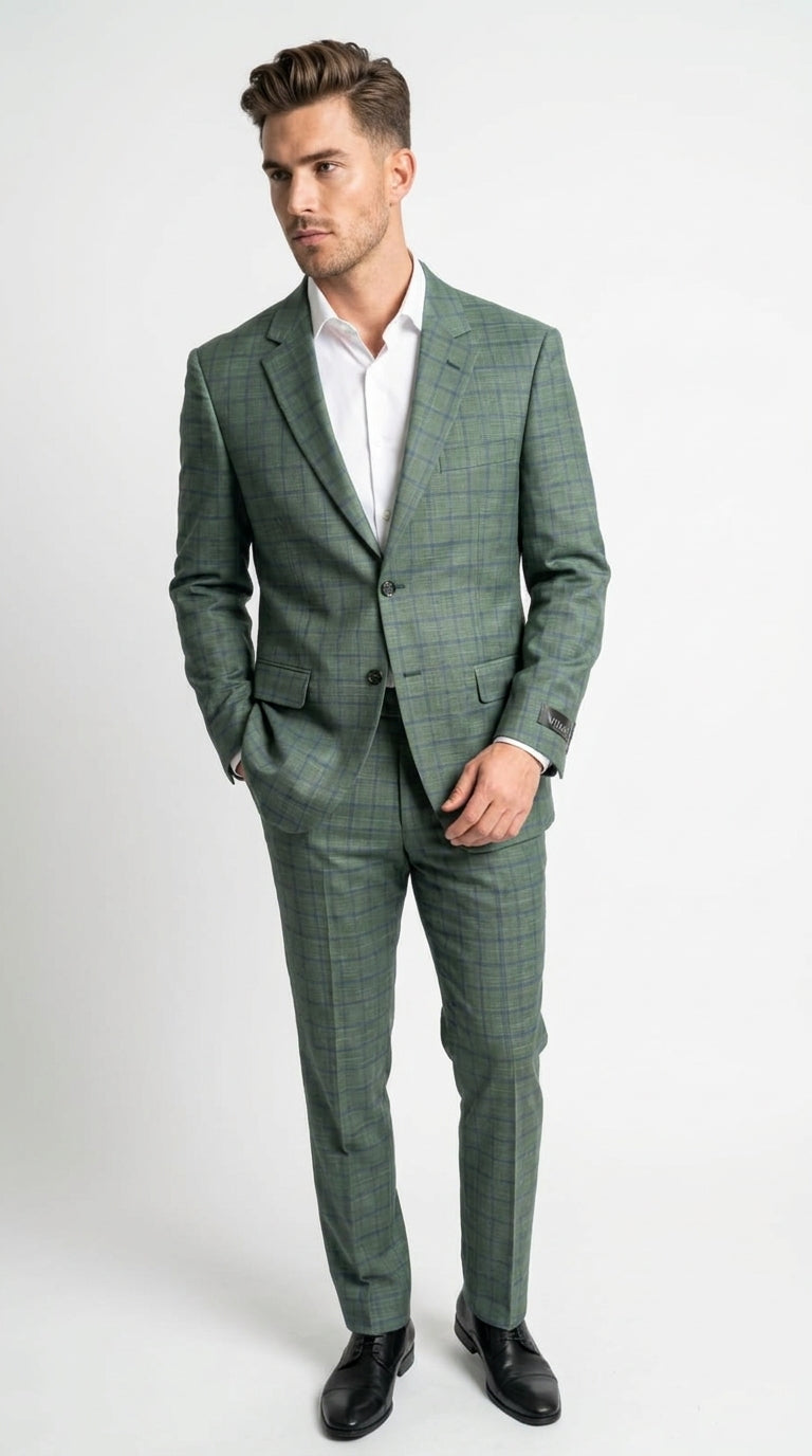 Men’s Tartan olive Green with blue checker Windowpane 2-Piece Suit – Modern Fit Plaid, Business and Formal Suit english styl Sage Green / 38 Regular