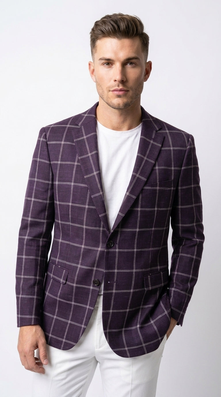 Men's Purple Windowpane Sport Coat – Classic Fit Plaid Blazer Jacket for Business, Wedding & Casual Wear