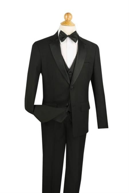 Two Button Boy'S 5 Piece Tuxedo Pleated Pant,Shirt And Bow Tie Kids Sizes Black Perfect For Toddler Suit Wedding Attire Outfits