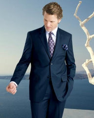 2 Btn Stripe ~ Pinstripe, Flat Front Pants, Side Vents, Pick Stitch, Super 150's Suit Dark Navy Blue Suit For Men