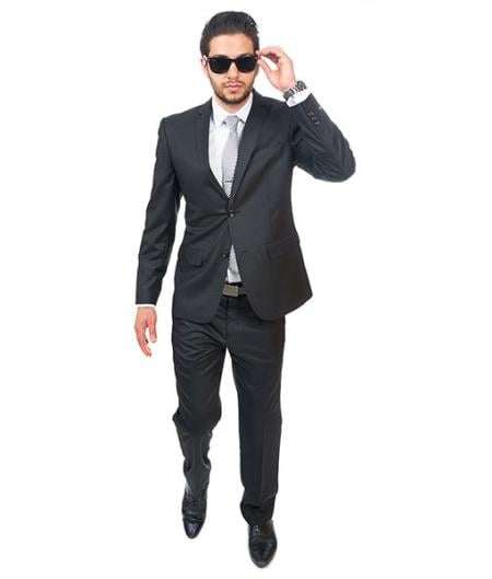 2 Button Double Vented Slim Fit Semi Shiny Black Fabric Suit - Dress Suit For Men