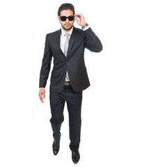 2 Button Double Vented Slim Fit Semi Shiny Black Fabric Suit - Dress Suit For Men