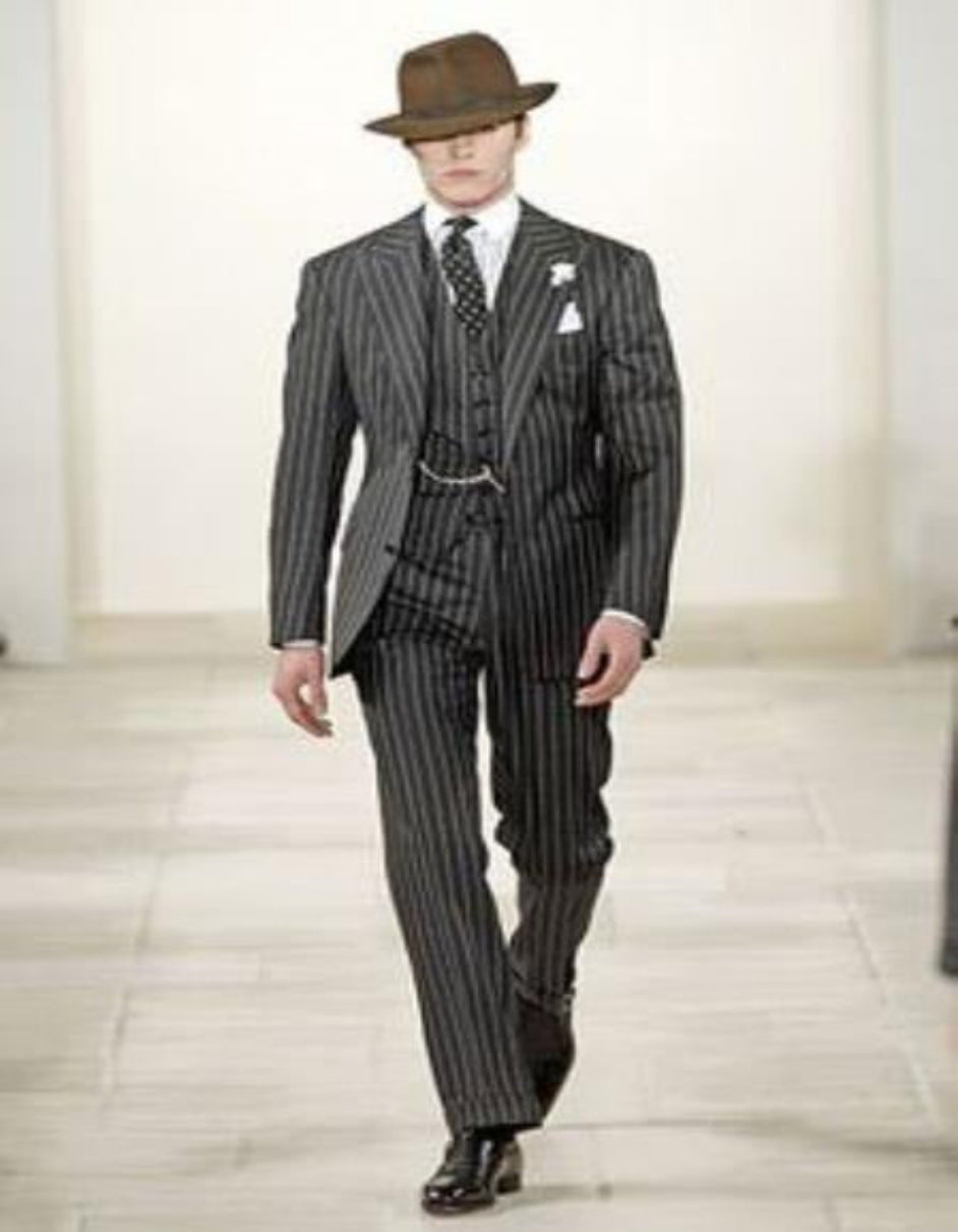 2 Buttons Black And Bold Chalk Gangster White Stripe Vested Big 1920 1930 Suits Flat Front Pants Pants