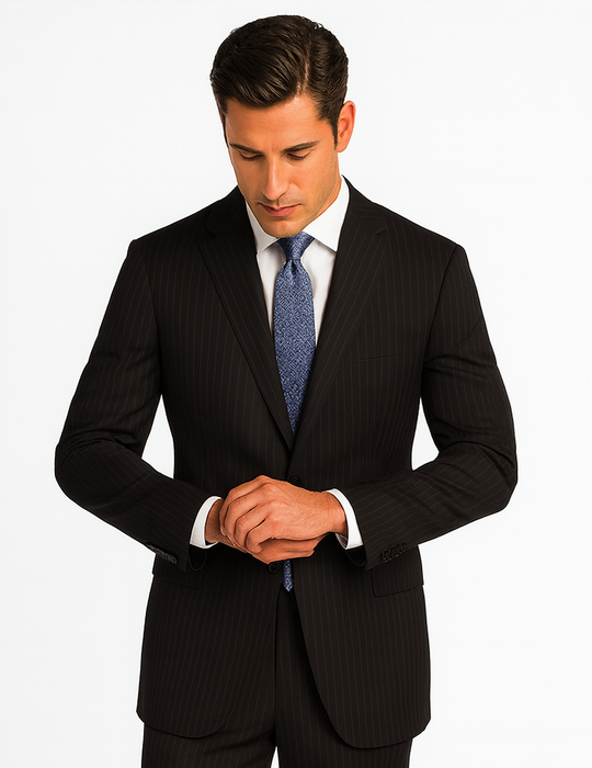 2 BUTTON COLOR BLACK WITH PINSTRIPE Men's SUIT VENT BACK JACKET STYLE WITH 1 PLEATED PANTS Online Discount Fashion Sale