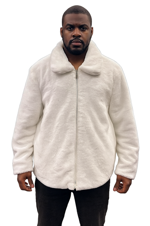 Men's White Fur Short Coat – Single Breasted, Full Zip, Regular Fit
