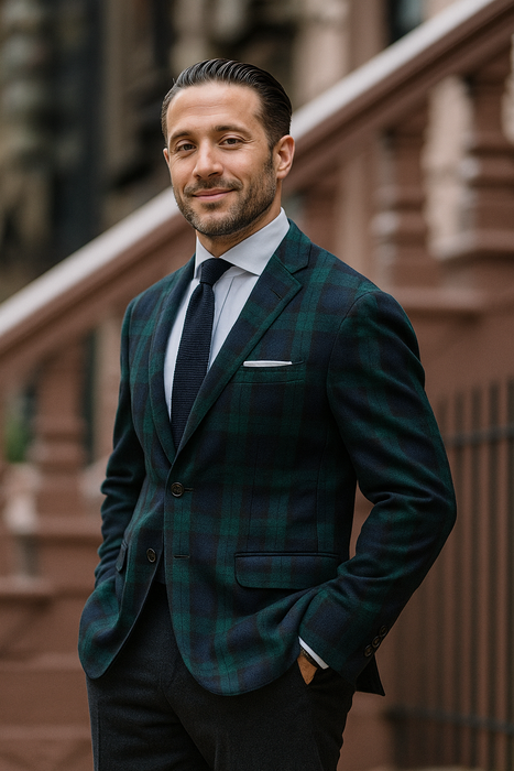 Men'S Green And Blue Tartan Plaid Window Pane Checkered Suit With Matching Vest