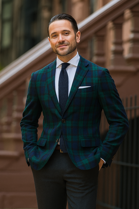 Men'S Green And Blue Tartan Plaid Window Pane Checkered Suit With Matching Vest