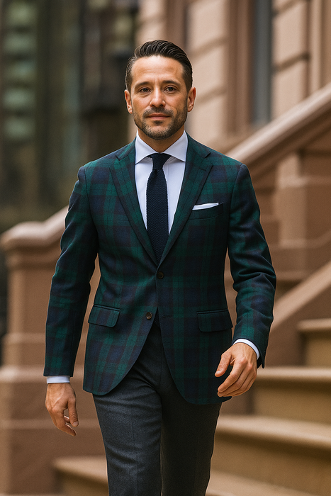 Men'S Green And Blue Tartan Plaid Window Pane Checkered Suit With Matching Vest