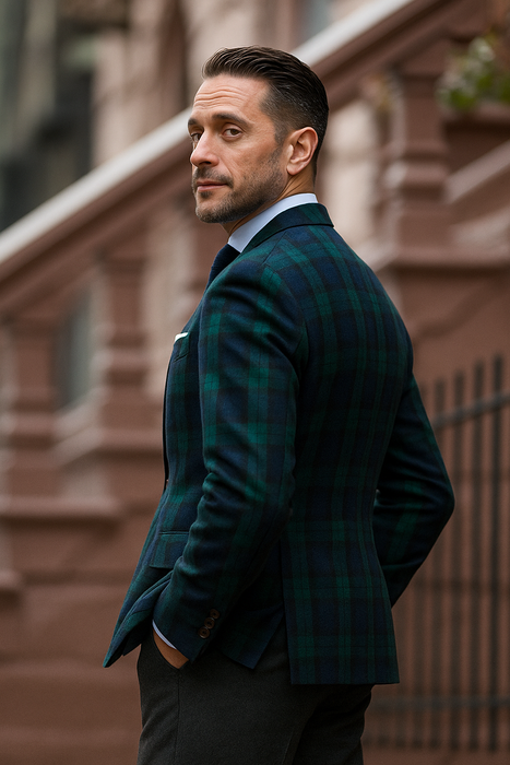 Men'S Green And Blue Tartan Plaid Window Pane Checkered Suit With Matching Vest