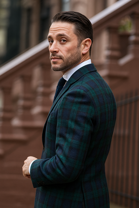 Men'S Green And Blue Tartan Plaid Window Pane Checkered Suit With Matching Vest