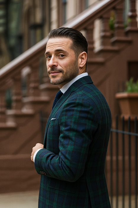 Men'S Green And Blue Tartan Plaid Window Pane Checkered Suit With Matching Vest