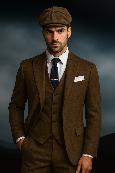 Brand New Quality 1920's English Style Peaky Blinders Style Vested Peaky Blinder Suit - Peaky Blinders Outfit + Overcoat + Hat (Peaky Blinder Custome)