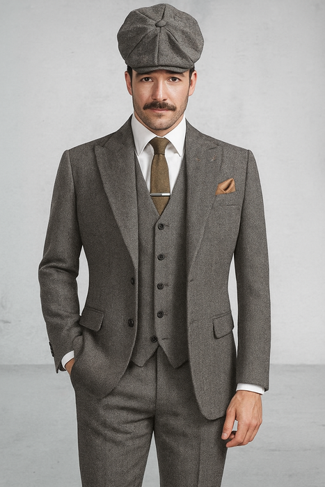 Brand New Quality 1920's English Style Peaky Blinders Style Vested Peaky Blinder Suit - Peaky Blinders Outfit + Overcoat + Hat (Peaky Blinder Custome)