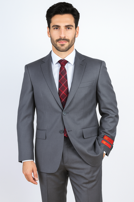 Mantoni Suit - Signature Menswear Wool Fabric SuitsOutlet - Brand Men's Italian Two Button Gray Solid Double Vent Suit- High End Suits - High Quality Suits