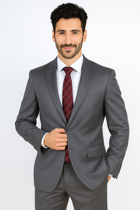 Mantoni Suit - Signature Menswear Wool Fabric SuitsOutlet - Brand Men's Italian Two Button  Gray Solid Double Vent Suit- High End Suits - High Quality Suits