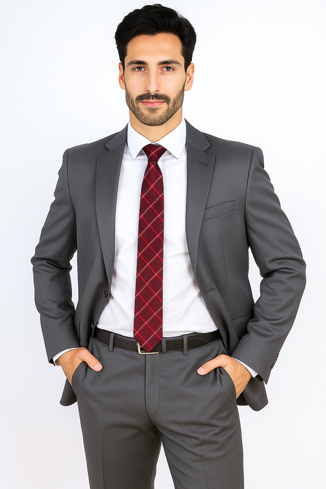 Mantoni Suit - Signature Menswear Wool Fabric SuitsOutlet - Brand Men's Italian Two Button  Gray Solid Double Vent Suit- High End Suits - High Quality Suits