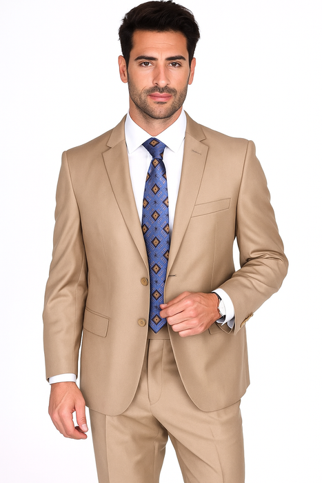 Mantoni Suit - Signature Menswear Wool Fabric SuitsOutlet -  Brand Men's Two Button  Solid Double Vent Camel Suit- High End Suits - High Quality Suits