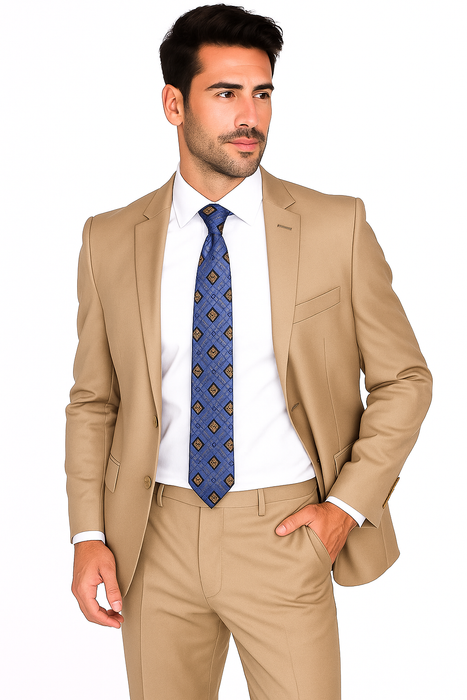 Mantoni Suit - Signature Menswear Wool Fabric SuitsOutlet -  Brand Men's Two Button  Solid Double Vent Camel Suit- High End Suits - High Quality Suits