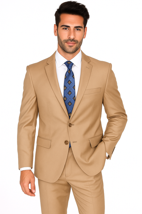 Mantoni Suit - Signature Menswear Wool Fabric SuitsOutlet -  Brand Men's Two Button  Solid Double Vent Camel Suit- High End Suits - High Quality Suits