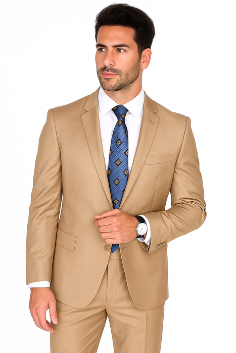 Mantoni Suit - Signature Menswear Wool Fabric SuitsOutlet -  Brand Men's Two Button  Solid Double Vent Camel Suit- High End Suits - High Quality Suits