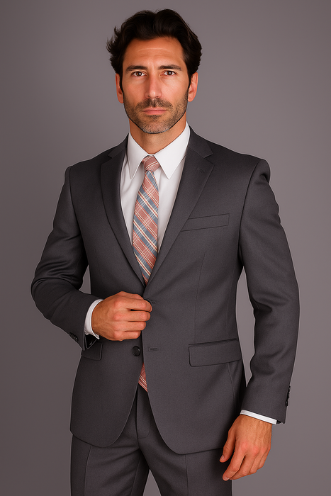 Mantoni Suit - Signature Menswear Wool Fabric SuitsOutlet -  Brand Men's 2 Button Slim Cut Suit Charcoal Gray- High End Suits - High Quality Suits